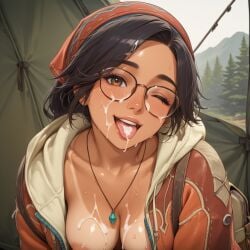 ai_generated alma_(monster_hunter_wilds) c.c.leah cum_on_face exposed_breasts facial glasses monster_hunter monster_hunter_wilds selfie topless