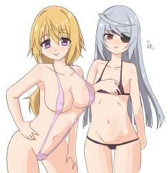 2girls big_breasts bikini black_bikini blonde_hair blush breasts busty charlotte_dunois cleavage confident covered_nipples erect_nipples_under_clothes eyepatch female female_only grey_hair hand_on_hip hand_on_leg hand_on_own_leg hand_on_own_thigh hand_on_thigh highres infinite_stratos large_breasts laura_bodewig leaning_forward legs long_hair multiple_girls navel oekaki parted_lips pink_bikini pose posing purple_eyes red_eyes sensual sideboob sling_bikini slingshot_swimsuit small_breasts smile swimsuit thighs tongue tongue_out