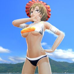 1girls 3d arm_up armpit_peek armpits beach big_breasts breasts brown_eyes brown_hair busty cleavage close-up dancing female female_only hand_on_hip hi_res highres large_breasts leaning_forward legs minoriko_aki navel ocean pose posing sensual solo sports_bikini swimsuit thighs toned toned_female touhou underboob voluptuous water