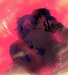 balls ballsack big_penis black_hair blush blush_lines bottom_view chubby_male closed_eyes cum cumming dominant_female enjoying erect_penis erection glowing glowing_eyes hairy_arms hairy_balls hairy_chest hairy_legs hairy_male handjob leslie_brown looking_at_viewer male/female masturbation orgasm orgasm_face penis pink_background ponytail pubes shiny shiny_penis smiling smiling_at_partner sparkles steg_(the_rock_cocks) suria_(the_rock_cocks) tattooed_arm the_rock_cocks white_hair