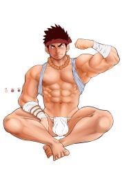 1boy abs absurd_res armpits arms_up bandage bandaged_arm bara barefoot bead_bracelet bead_necklace beard_stubble beefy biceps big_areola big_breasts big_bulge black_eyes black_hair blush bracelet bulge bulge_through_clothing clenched_hand collarbone crossed_legs daddy dilf feet frown full_body fundoshi gay gen_(saga) hachimaki headband hi_res hunk japanese_clothes looking_at_viewer male male_breasts male_only manly mature_male muscles muscular muscular_arms muscular_legs muscular_male muscular_thighs mustache_stubble navel necklace no_body_hair oppai palette pecs pose quadriceps rokushaku_fundoshi romancing_saga saga_(series) saga_frontier sanpaku shirt_pulled_behind_neck short_hair sitting six_pack small_pupils smile solo spiky_hair text thick_arms thick_eyebrows thick_neck toes tommy_milk topless tough_guy triceps v-shaped_eyebrows very_high_resolution white_background white_fundoshi yaoi