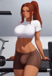 1futa 2d ai_generated aka6_(style) auburn_hair bike_shorts blondshell breasts brown_shorts bulge bulge_in_shorts bulge_through_clothing city civitai cowboy_shot crop_top futanari gym gym_uniform large_breasts looking_at_viewer midriff navel original_character ponytail short_sleeves shorts solo t-shirt white_crop_top