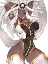 1girls arms_up big_breasts blue_eyes bodysuit boob_window cleavage dark-skinned_female dark_skin fumio_(rsqkr) long_hair looking_to_the_side marvel ororo_munroe solo_female solo_focus storm_(x-men) thick thick_thighs thighs white_hair