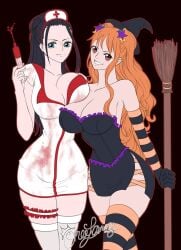 broom clothing female female_only halloween halloween_costume huge_breasts nami nami_(one_piece) nico_robin nurse nurse_cap nurse_uniform one_piece syringe witch witch_hat xxxonee-samaxxx