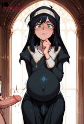 2boys ai_generated balls black_hair bulge bulge_through_clothing faceless_male femboy flat_chest green_eyes handjob ilfb long_hair looking_down male_pregnancy masturbation nun nun_outfit original otoko_no_ko pregnancy pregnant pregnant_belly pregnant_male standing sweat sweating testicles trap