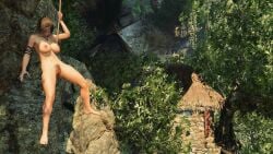 big_breasts breasts casual climbing completely_naked exibitionism exposed female hairy_pussy human in_game lara_croft mod nudist open_legs pale_skin public_nudity pussy tomb_raider