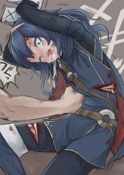 1boy bleeding blood blue_eyes blue_hair cape commentary_request cuts female fire_emblem fire_emblem_awakening injury long_hair lucina_(fire_emblem) meis_(terameisu) one_eye_closed open_mouth punching ryona saliva solo_focus stomach_punch tunic two-tone_cape