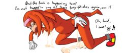 all_fours anthro color echidna egg english_text female female_only fur furry gloves imaajfpstnfo knuckles_the_echidna lactation nude rule_63 side_view solo sonic_(series) sweat tagme text