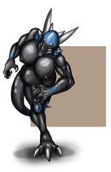 anthro black_skin breasts claws color female female_only lordstevie muscles nipples nude on_one_foot pokemon rampardos solo tagme