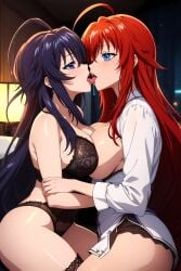 2girls ahoge ai_generated akeno_himejima big_ass black_hair black_lingerie blush couple crimson_hair curvy female_only french_kiss high_school_dxd indoors kissing large_ass lesbian light_skin lingerie looking_at_each_other pressing_breasts_together rias_gremory saliva saliva_drip sky_blue_eyes symmetrical_docking tongue_kiss very_long_hair violet_eyes voluptuous yuri