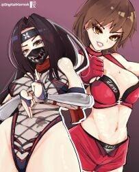 2girls benikage black_hair bloody_shadow brown_hair female female_focus female_only female_wrestler harnok human ninja ninja_girl ninja_headband ninja_mask reiko_hinomoto rumble_roses skimpy skimpy_clothes tattoo wrestler_costume wrestling wrestling_briefs wrestling_mask wrestling_outfit