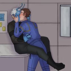 alien andorian_(species) blue_skin completely_dressed hand_behind_head hand_on_another's_head hand_on_head human interspecies jonathan_archer just_kissing kissing male male/male male_only not_porn not_porn? shran star_trek star_trek_enterprise thy'lek_shran yaoi