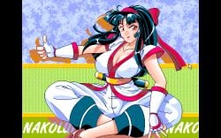 1girls ainu_clothes big_breasts blue_hair breasts brown_eyes busty cleavage covered_nipples female female_only fingerless_gloves gloves hair_ribbon hi_res highres king_of_fighters large_breasts legs long_hair looking_at_viewer nakoruru pants pc-98_(style) pc98 pink_lips pose posing ribbon samurai_shodown sitting smile snk spread_legs thighs thumbs_up voluptuous weapon