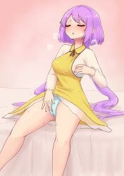 blue_panties dress highres low_twintails masturbation nipple_stimulation nipple_tweak panties purple_hair sitting touhou tsukumo_benben twintails underwear yellow_dress zakku_(kya--193)