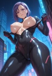 ai_generated big_ass big_breasts bodysuit cameltoe exposed_breasts female female_focus fit_female ghost_in_the_shell huge_breasts kikia1 kusanagi_motoko purple_hair round_ass short_hair tight_clothing undressing