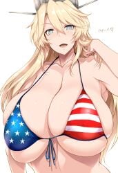 1girls absurdres american_flag american_flag_bikini american_flag_print bikini blonde_hair blue_eyes breasts breasts_day commentary_request female flag_print front-tie_bikini front-tie_bikini_top front-tie_top good_breasts_day headgear highres huge_breasts iowa_(kantai_collection) kantai_collection long_hair print_bikini simple_background solo star-shaped_pupils star_(symbol) swimsuit symbol-shaped_pupils translated tsukasawa_takamatsu undersized_clothes upper_body white_background