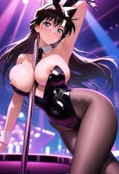 ai_generated armpit big_breasts bunnysuit crossed_legs detective_conan fake_rabbit_ears long_hair looking_at_viewer navel_visible_through_clothes nipple_slip nipples pantyhose ran_mouri self_upload stable_diffusion