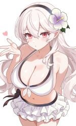 bikini black_hairband blowing_kiss blush breasts cleavage corrin_(female)_(fire_emblem) corrin_(female)_(novice_vacationer)_(fire_emblem) corrin_(female)_(summer)_(fire_emblem) corrin_(fire_emblem) corrin_(fire_emblem)_(female) corrin_(summer)_(fire_emblem)_(female) female fire_emblem fire_emblem_fates fire_emblem_heroes flower grey_hair hair_between_eyes hair_flower hair_ornament hairband highres large_breasts long_hair looking_at_viewer n_54 navel official_alternate_costume pointy_ears red_eyes smile solo swimsuit white_bikini white_hair