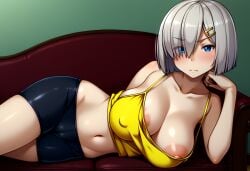 ai_generated annoyed areola_slip areolae bare_shoulders bike_shorts blue_eyes blush breasts cameltoe cleavage closed_mouth collarbone couch covered_nipples eyebrows_visible_through_hair female groin hair_ornament hair_over_one_eye hairclip hamakaze_(kantai_collection) kantai_collection kurage_shokushu_(style) large_breasts looking_at_viewer lying midriff navel on_side self_upload short_hair shorts silver_hair solo tank_top