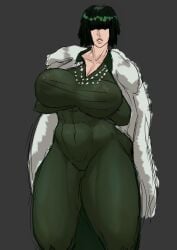 ass_visible_from_the_front barthone fubuki_(one-punch_man) fur_coat green_hair huge_breasts large_breasts muscular_female one-punch_man see-through see-through_clothing see-through_dress see_through_clothing thick_thighs wide_hips