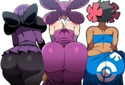 3girls ai_generated ass-to-ass big_ass bubble_butt dat_ass fantina_(pokemon) huge_ass mullon novelai phoebe_(pokemon) pokemon pokemon_dppt pokemon_oras pokemon_rse pokemon_xy shauntal_(pokemon) trait_connection trio