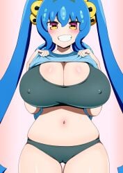 blue_hair blue_shirt cameltoe character_request grin harurukan hips huge_breasts nipple_bulge plump shirt_lift smile sports_bra t-shirt thighs tummy unusual_pupils