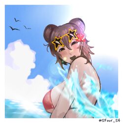 beach big_breasts bikini blush_lines happy how_to_date_an_entity_(and_stay_alive) looking_at_viewer sfour smile smiling splashing sunglasses sunglasses_on_head sunny