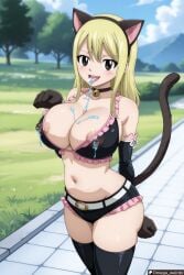 1girl1boy ai_generated bell_choker big_breasts blonde_female blonde_hair blush cat_ears cat_tail catgirl catgirl_costume dark_eyes fairy_tail female huge_breasts leaking_nipples long_hair looking_at_viewer lucy_heartfilia omega_weirdo open_mouth outside patreon pose posing slime slime_inflation slime_monster thighhighs tongue tongue_out