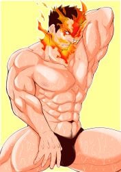 1boy abs absurd_res angry angry_face armpits arms_behind_head arms_up bara beefy biceps big_areola big_breasts big_bulge black_eyes boku_no_hero_academia brown_hair bulge bulge_through_clothing burning collarbone daddy dilf eight_pack endeavor_(boku_no_hero_academia) endeavor_(my_hero_academia) enji_todoroki fire flame frown gay hand_on_thigh hands_behind_head happy_trail hi_res hunk male male_breasts male_only manly mature_male muscles muscular muscular_arms muscular_legs muscular_male muscular_thighs my_hero_academia navel on_fire oppai pecs pose pubic_hair quadriceps quirk_(mha) sanpaku seductive see-through shaved_armpit short_hair sitting six_pack small_pupils solo spiky_hair spread_legs sweat sweatdrop sweating sweaty thick_arms thick_thighs thong thunder_thighs tommy_milk topless tough_guy triceps v-shaped_eyebrows very_high_resolution very_sweaty wet wet_body white_border yaoi yellow_background