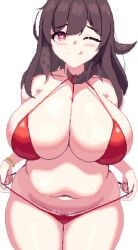 ;) azur_lane belly bikini bikini_pull breasts brown_hair cleavage closed_mouth clothes_pull commentary cowboy_shot female groin heart heart-shaped_pupils highres huge_breasts looking_at_viewer medium_hair navel official_alternate_costume one_eye_closed piaomao pixel_art plump pulling_own_clothes red_bikini red_eyes royal_fortune_(azur_lane) royal_fortune_(eyes_on_the_prize)_(azur_lane) simple_background smile solo swimsuit symbol-shaped_pupils tongue tongue_out white_background