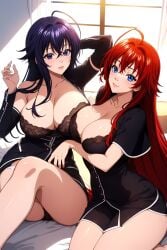 2girls ahoge ai_generated akeno_himejima bed big_ass black_hair blush couple crimson_hair curvy female_only high_school_dxd indoors large_breasts light_skin rias_gremory sky_blue_eyes very_long_hair violet_eyes voluptuous yuri yuri