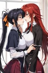 2girls after_kiss ai_generated akeno_himejima antenna_hair big_ass big_breasts black_hair blush breasts_to_breasts couple creationslevi crimson_hair curvy female_only hair_ribbon high_school_dxd indoors kissing lesbian light_skin looking_at_each_other orange_ribbon ponytail rias_gremory saliva saliva_drip saliva_string schoolgirl_uniform schoolgirls sky_blue_eyes very_long_hair violet_eyes voluptuous yuri