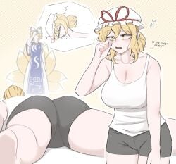 2girls ass big_breasts blonde_hair breasts casual cleavage clothed_female hat light-skinned_female mata_(matasoup) mature_female ran_yakumo sleepy thick_thighs thighs touhou yellow_eyes yukari_yakumo