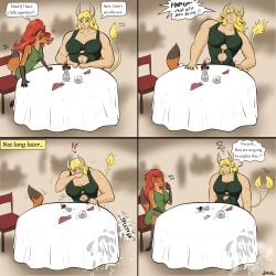 blonde_hair bovine bull comic cum_on_ground exhibitionism fox horns implied_handjob implied_oral public red_hair restaurant sneggl stealth_sex table tail topaz_(sneggl) wynn_(sneggl)