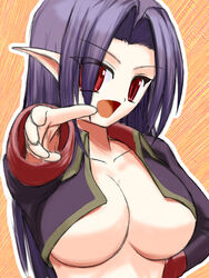 beige_skin breasts clothes color demon disgaea female female_only front_view grey_hair hair large_breasts long_hair mid-boss open_clothes open_eyes open_mouth pointy_ears red_eyes rule_63 solo vyres