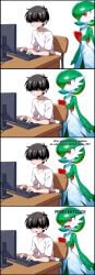 1boy 1boy1girl ai_generated angry angry_face cinder-ace-burn comic computer female female gardevoir hair_over_eyes human male pokemon pokemon_(species) spanish_text