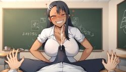 1boy 1girls ai_generated alternate_breast_size blush breasts bulge classroom cleavage cum cum_through_clothes cumming erection_under_clothes hands-free_ejaculation handsfree_ejaculation hayase_nagatoro huge_breasts large_breasts looking_at_viewer nagatoro_hayase penis_under_clothes please_don't_bully_me,_nagatoro pov ruined_orgasm smug_face tan-skinned_female tan_skin