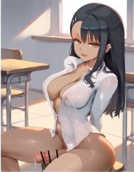 1futa ai_generated black_hair blue_earrings boob_window bottomless breasts classroom cum cum_drip cum_string dannyhandy dark_skin futa_only futanari hairclip hands_behind_back handsfree_ejaculation hayase_nagatoro looking_at_viewer nipples nipples_visible_through_clothing open_mouth please_don't_bully_me,_nagatoro sitting sitting_on_desk thighs yellow_eyes