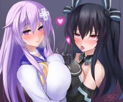 2girls ahe_gao alternate_breast_size artist_signature big_breasts black_hair blush breast_press breasts busty cleavage compile_heart dress fignya heart idea_factory large_breasts long_hair looking_at_viewer multiple_girls nepgear neptunia_(series) purple_eyes purple_hair red_eyes sailor_collar seductive_smile smile symmetrical_docking tongue tongue_out twintails uni_(neptunia)