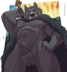 1boy abs animal_genitalia animal_penis anthro areola armpit_hair ass balls biceps biped blaidd_(elden_ring) body_hair canid canine canine_penis canis chest_hair claws cloak cloak_only clothed clothing elden_ring finger_claws fully_clothed fur genitals grey_body grey_fur gums hand_on_hip happy_trail hi_res holding_object holding_sword holding_weapon looking_at_viewer looking_down looking_down_at_viewer male male_only mammal melee_weapon mostly_nude muscular muscular_anthro muscular_male navel negger nipples pecs penis pinup pose pubes purple_eyes sharp_teeth sheath solo standing sword teeth tusks underbutt weapon wolf