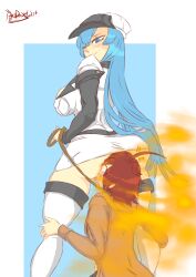 1boy 1girls akame_ga_kill! ass_on_face big_ass big_butt blue_eyes blue_hair blush esdeath_(akame_ga_kill!) face_in_ass fart fart_cloud fart_fetish farting farting_in_face hat leash leg_grab looking_back pervdarkling_(artist) smile tatsumi_(akame_ga_kill!) thick_thighs thigh_boots