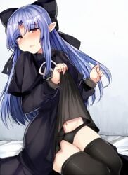 alternate_version_available black_dress black_legwear black_panties black_thighhighs blue_hair blush capelet dress_lift female female_only hair_ribbon hairbow jirou_(tamaho39) kagetsu_tohya len len_(tsukihime) long_hair looking_at_viewer panties pointy_ears red_eyes sabujiroko sitting solo succubus thighhighs tsukihime type-moon