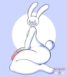 anthro ass big_butt big_penis blush digital_media_(artwork) feet foreskin genitals hi_res kirukato lagomorph leporid male mammal max_(sam_and_max) paws penis rabbit sam_and_max scut_tail sharp_teeth short_tail simple_background sitting smile solo teeth thick_penis thick_thighs vein veiny_penis white_body