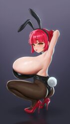 1girls armpits arms_up bangs big_breasts blush borrowed_character bunny_ears bunny_girl bunny_tail bunnysuit crouching deka_(deka_4242) female full_body gigantic_breasts high_heels hikari huge_breasts looking_at_viewer massive_breasts original pantyhose pink_eyes red_hair solo squatting thick_eyebrows tongue_out twintails veiny_breasts yellow_eyes