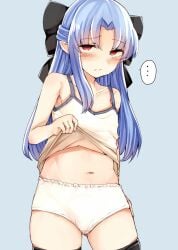 ... blue_hair blush embarrassed female female_only flat_chest hair_ribbon hairbow kagetsu_tohya len len_(tsukihime) long_hair panties pointy_ears red_eyes sabujiroko shirt_lift solo succubus sweatdrop tank_top thighhighs tsukihime type-moon underwear white_panties