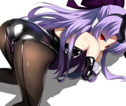 ass_focus ass_up big_ass black_leotard bubble_butt bunny_ears bunnysuit detached_sleeves elbow_gloves female female_only hair_ribbon hairbow kagetsu_tohya latex latex_gloves lavender_hair len len_(tsukihime) leotard long_hair looking_at_viewer looking_back melty_blood pantyhose pointy_ears presenting red_eyes shimeji_nameko solo succubus tsukihime type-moon