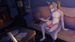 anthro athletic book canid canine fluffy fluffy_tail fox fur furniture grey_body grey_fur hair knot male mammal nude ponytail purrr-evil reading reading_book red_fox silver_fox sitting sofa solo solo_focus