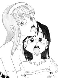 2girls age_difference aged_up bra_(dragon_ball) bra_briefs cum cum_drip cum_in_mouth cum_kiss cum_on_tongue cum_string dragon_ball dragon_ball_gt drooling heart-shaped_pupils mouth_open multiple_girls pan_(dragon_ball) saliva saliva_string tongue tongue_out young young_on_young