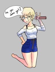 artist_request blue_eyes clothed clothing cum cum_on_face cum_on_glasses devil_horns_(gesture) dialogue ejaculation female_focus glasses grey_background handjob one_eye_closed phi_(zero_escape) short_hair small_breasts solo_focus speech_bubble text white_hair zero_escape zero_time_dilemma