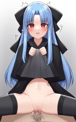 1boy 1girls black_legwear black_thighhighs blue_hair blush clothed_female_nude_male clothed_sex cowgirl_position cum_in_pussy cum_inside dress_lift faceless_male female female_focus female_on_top fur_collar hair_ribbon hairbow hairless_pussy kagetsu_tohya kunugi_miyaco len len_(tsukihime) long_hair looking_at_viewer male_pov male_pubic_hair melty_blood open_mouth pointy_ears pov pov_eye_contact red_eyes shaved_pussy skirt_lift smile spread_legs succubus sweat thighhighs tsukihime type-moon vaginal_penetration vaginal_sex wavy_mouth